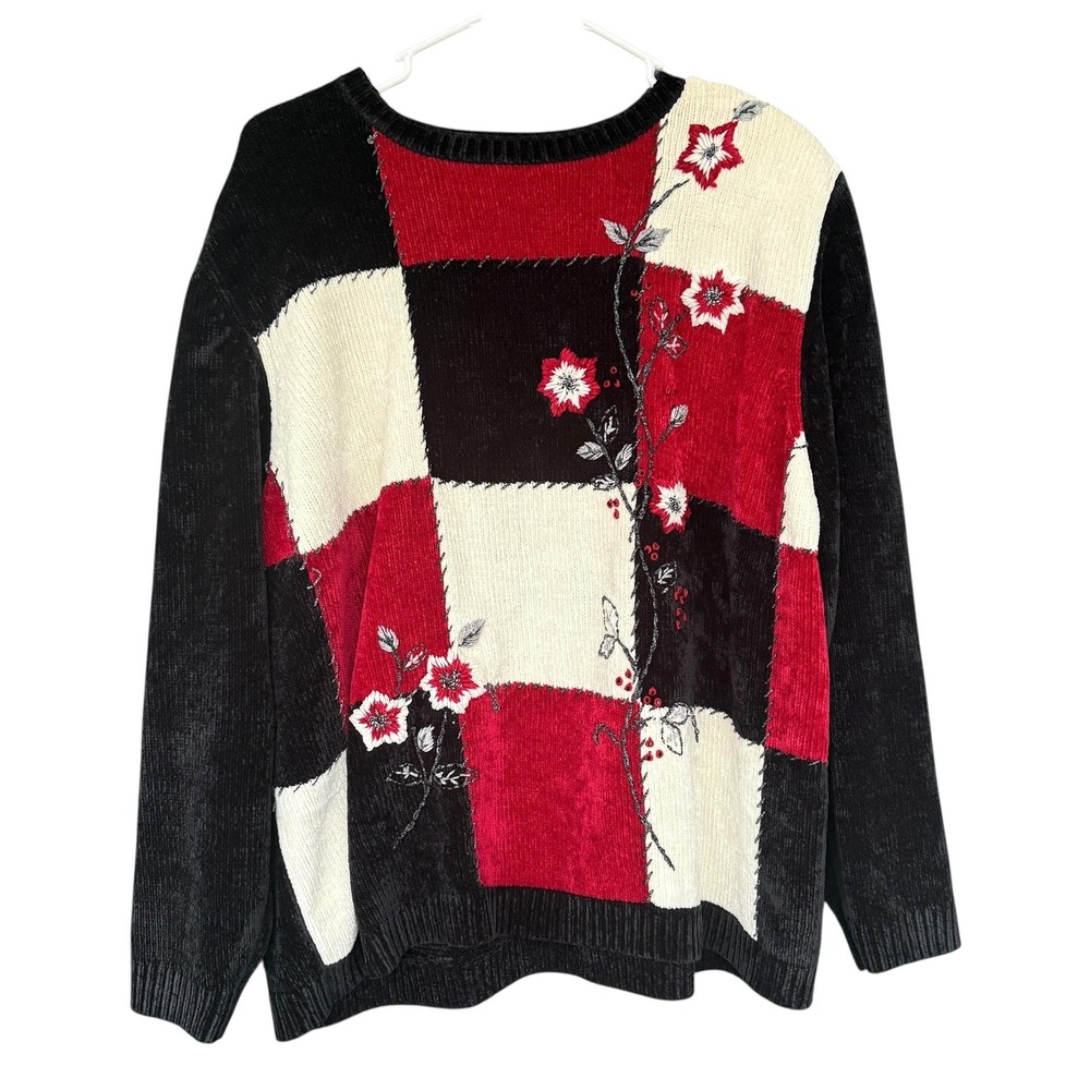 Alfred Dunner Sweater Womens 2X Black Patchwork Floral Embroidered Beaded Lined - Picture 1 of 8